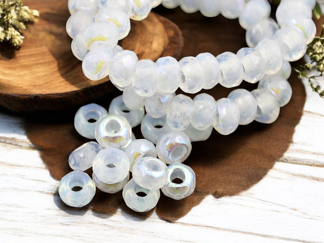 *25* 5x8mm White Opal AB Faceted Large Hole Rondelle Roller Beads
